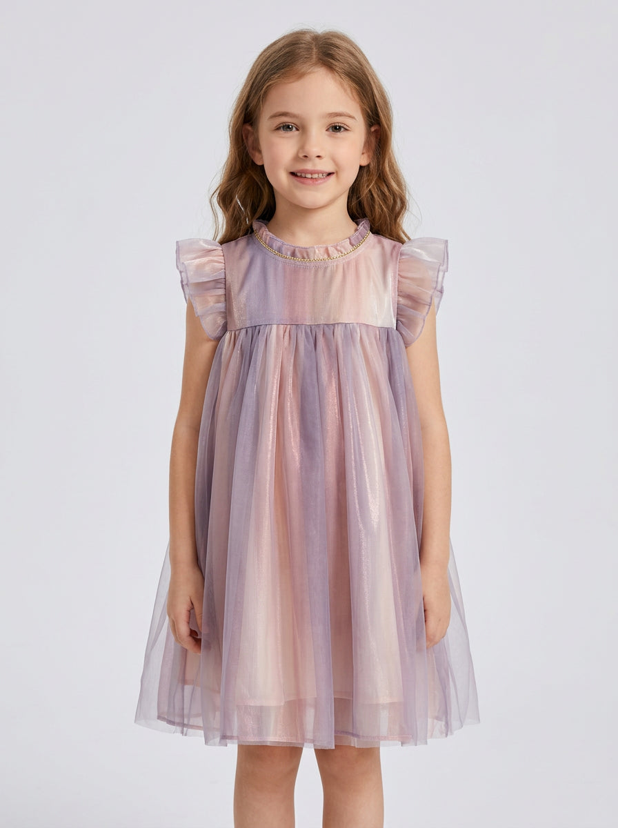 Girls Iridescent Ombre Tulle Flutter Sleeve Party Dress