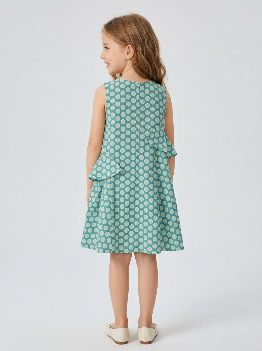 Girls Mint Green Polka Dot Sleeveless Ruffle Dress
