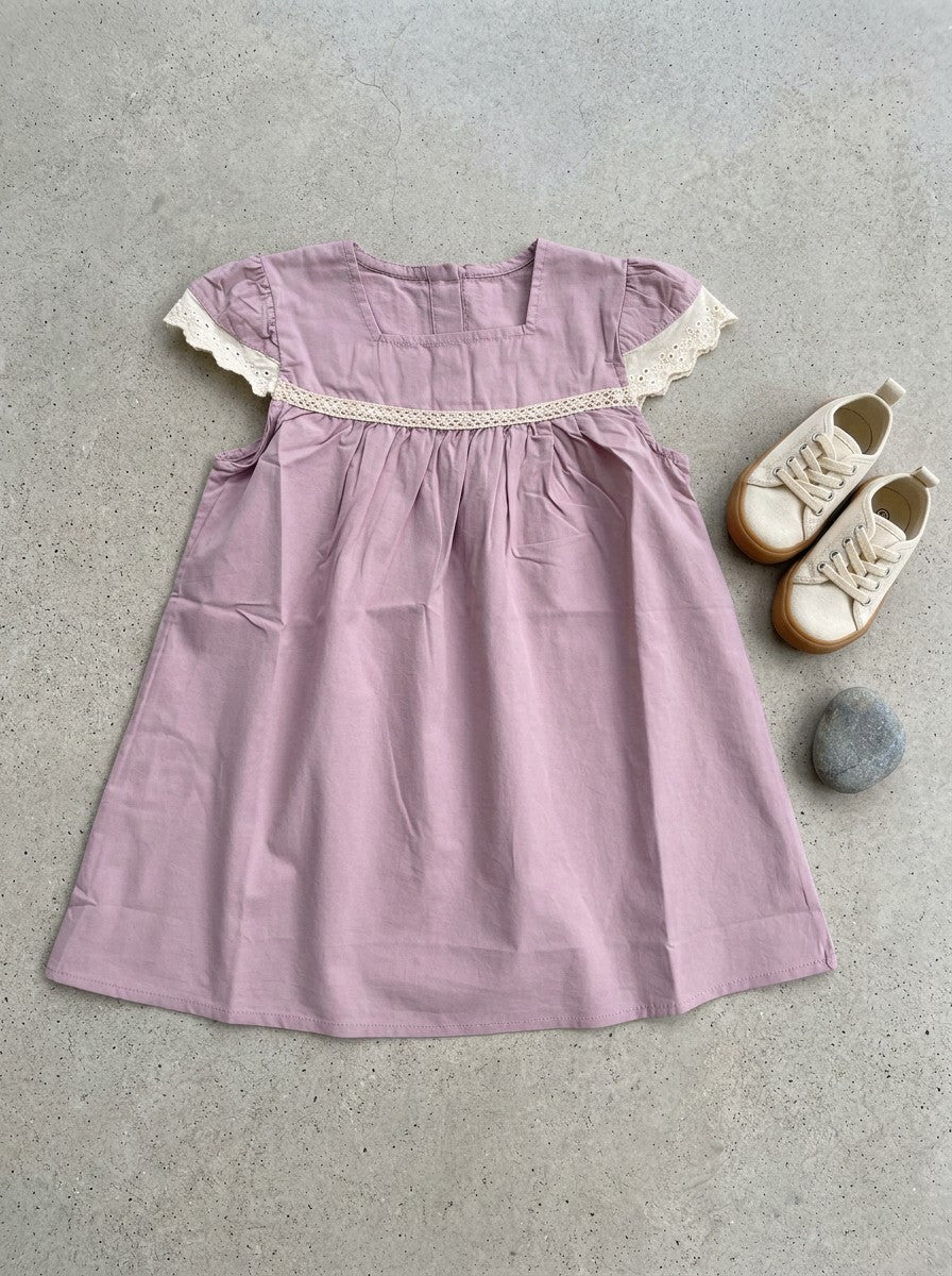 Girls Dusty Pink Square Neck Lace Flutter Sleeve Gathered Dress