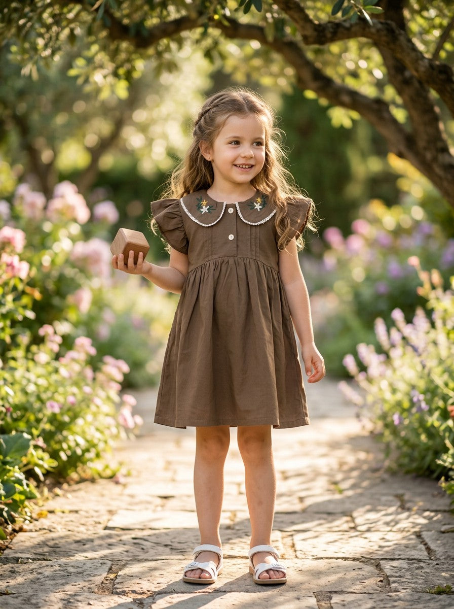 Girls Embroidered Peter Pan Collar Flutter Sleeve Dress