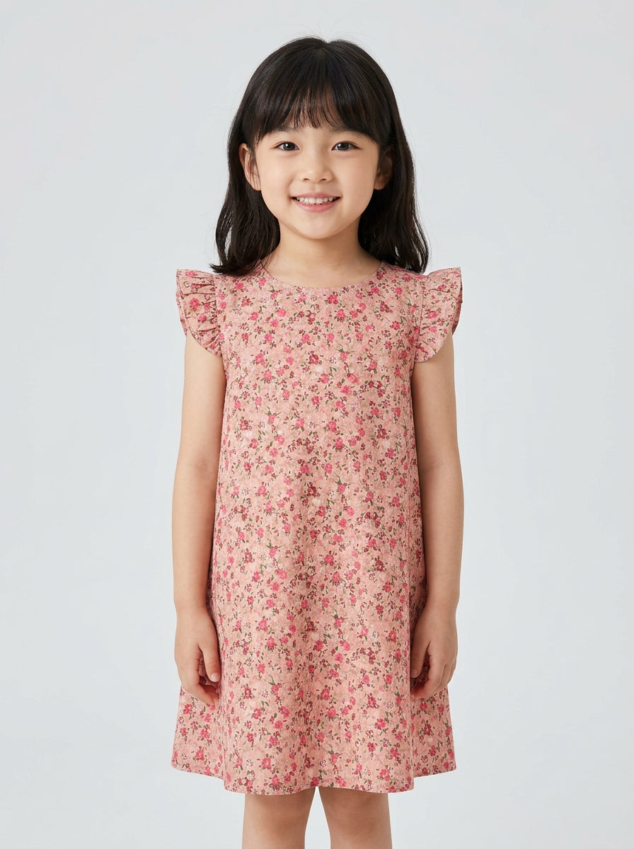 Girls Pink Ditsy Floral Flutter Sleeve A-Line Dress
