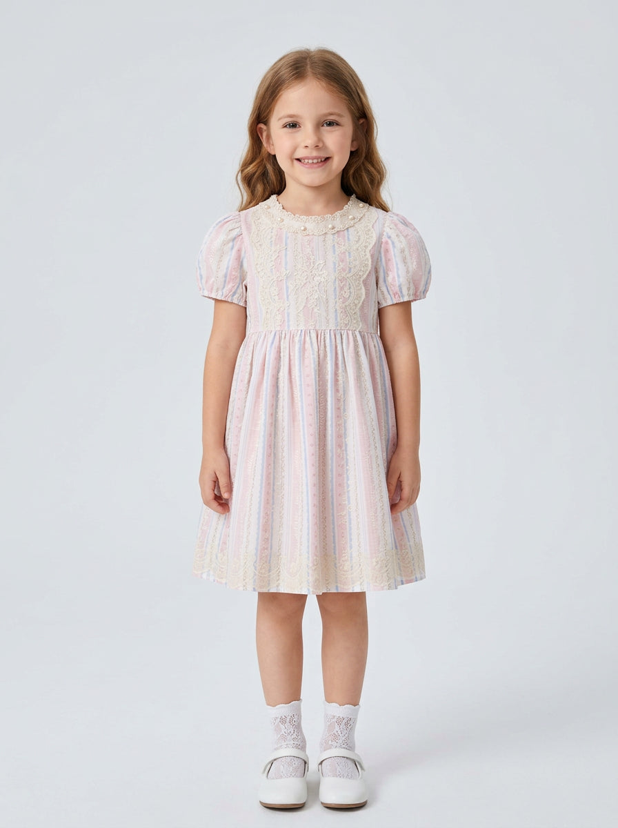 Girls Pastel Stripe Embroidered Lace Collar Puff Sleeve Dress