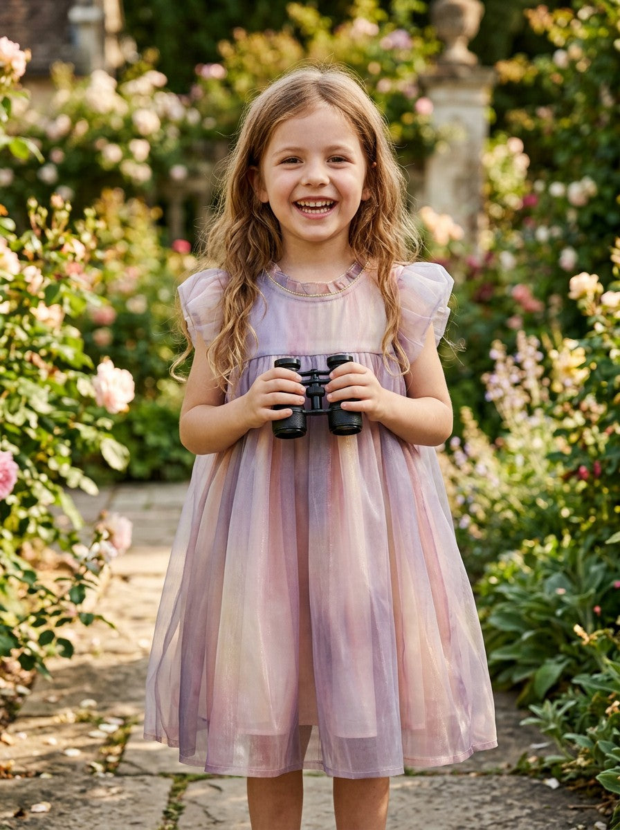 Girls Iridescent Ombre Tulle Flutter Sleeve Party Dress