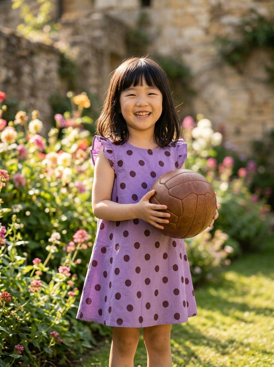 Girls Purple Polka Dot Flutter Sleeve A-Line Dress