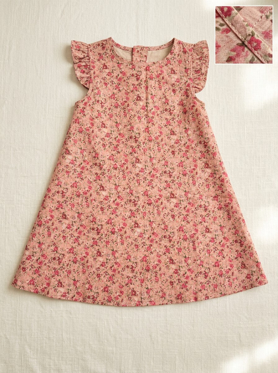 Girls Pink Ditsy Floral Flutter Sleeve A-Line Dress
