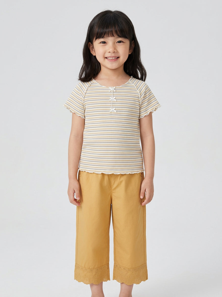 Girls Striped Top & Yellow Lace Wide-Leg Pants Set