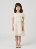 Girls Cream Floral Embroidered Organza Cape Collar Dress