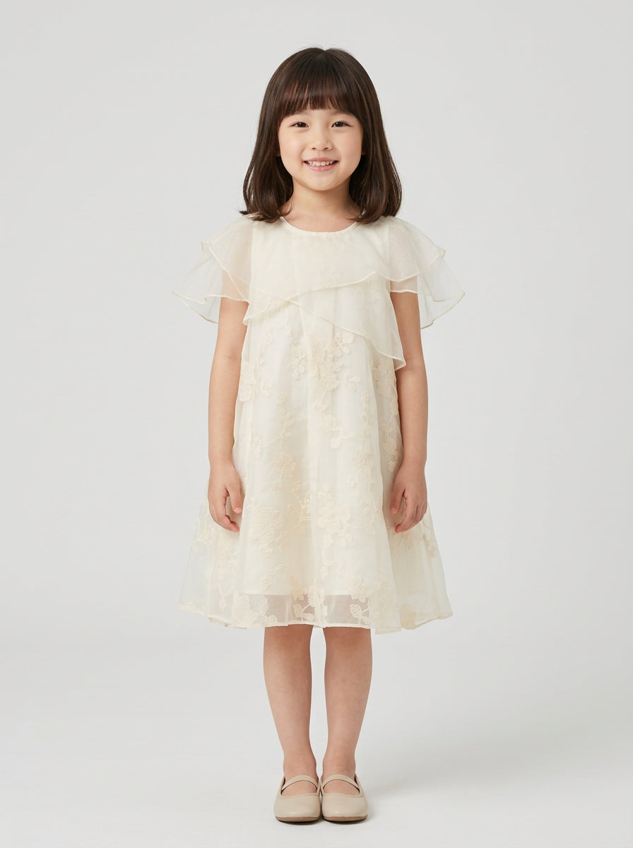 Girls Cream Floral Embroidered Organza Cape Collar Dress