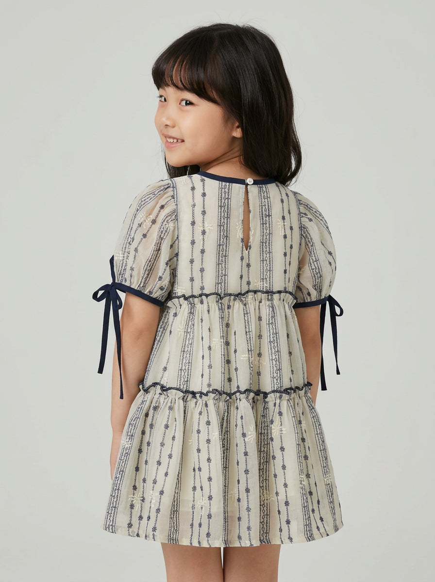 Girls Embroidered Stripe Puff Sleeve Tiered Dress