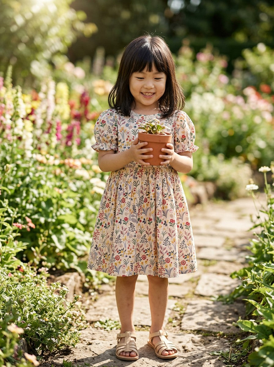 Girls Floral Puff Sleeve Dress