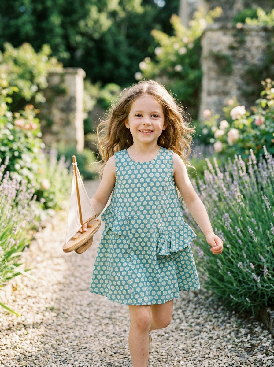 Girls Mint Green Polka Dot Sleeveless Ruffle Dress