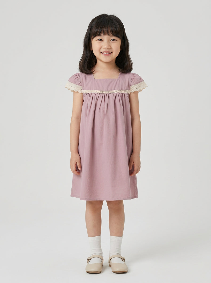 Girls Dusty Pink Square Neck Lace Flutter Sleeve Gathered Dress