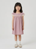 Girls Dusty Pink Square Neck Lace Flutter Sleeve Gathered Dress
