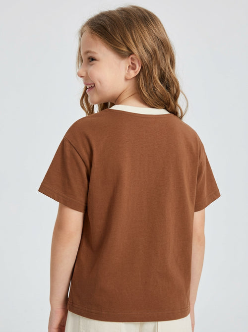 Girls Brown Cartoon Mouse Pocket Short Sleeve T-Shirt