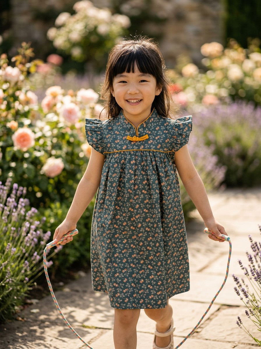 Girls Floral Cheongsam-Style Flutter Sleeve Dress