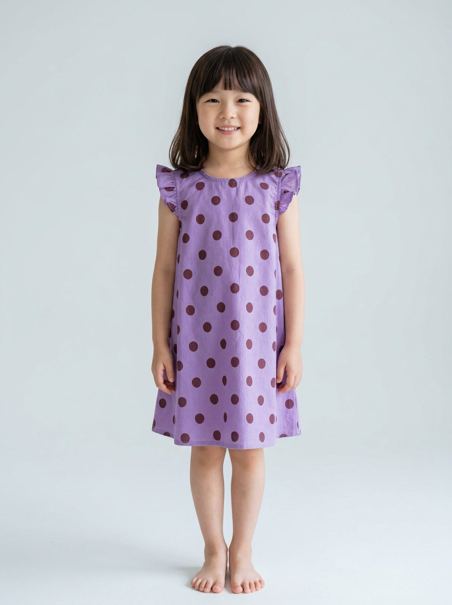 Girls Purple Polka Dot Flutter Sleeve A-Line Dress