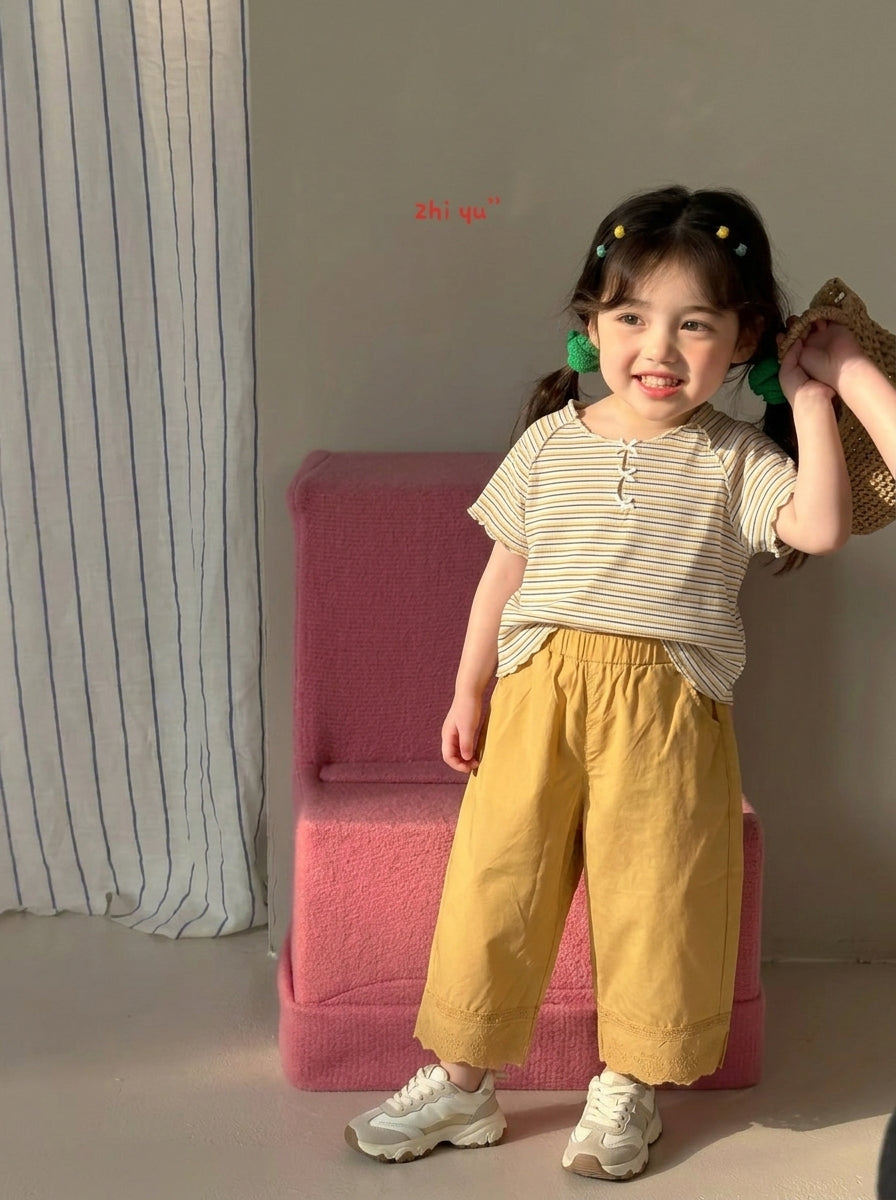 Girls Striped Top & Yellow Lace Wide-Leg Pants Set