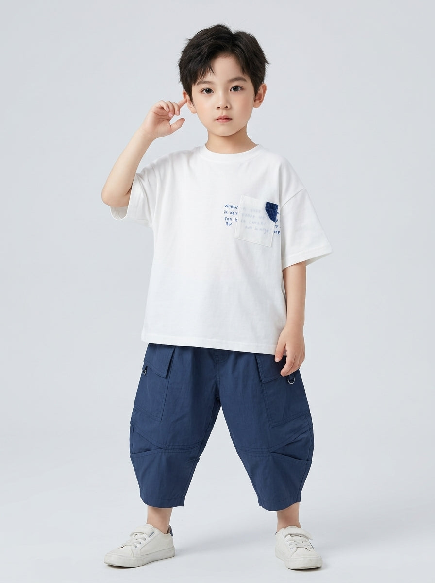 Boys White Letter Print Pocket Tee & Navy Cargo Capri Pants Set