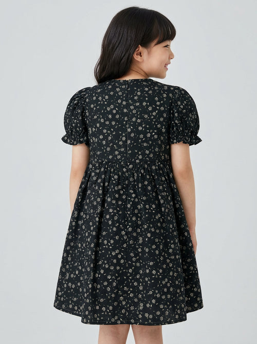 Girls Black Ditsy Floral Puff Sleeve Tiered Dress