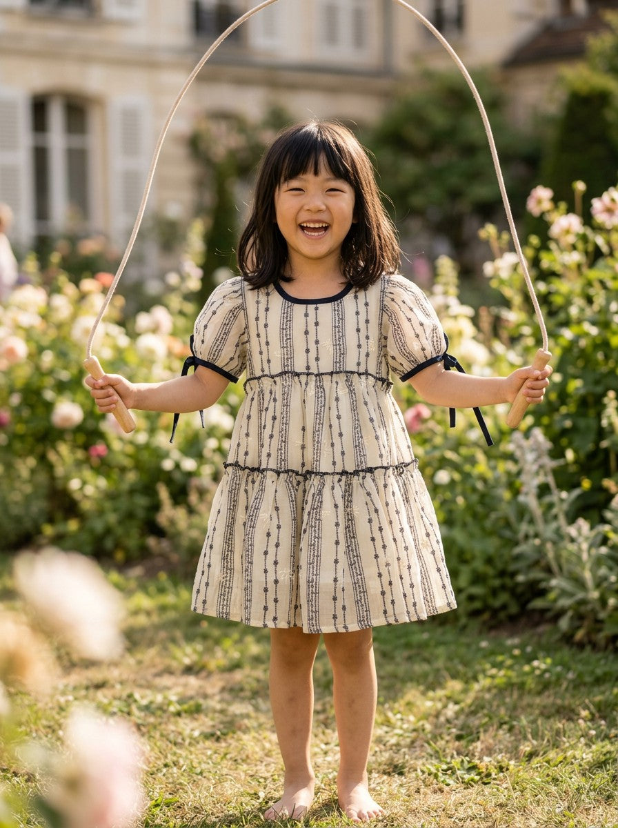 Girls Embroidered Stripe Puff Sleeve Tiered Dress