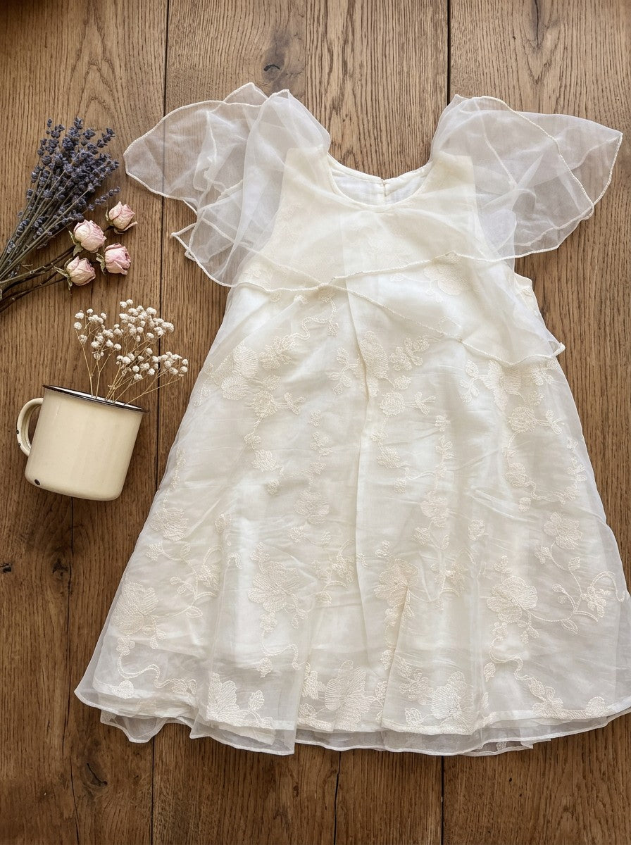 Girls Cream Floral Embroidered Organza Cape Collar Dress
