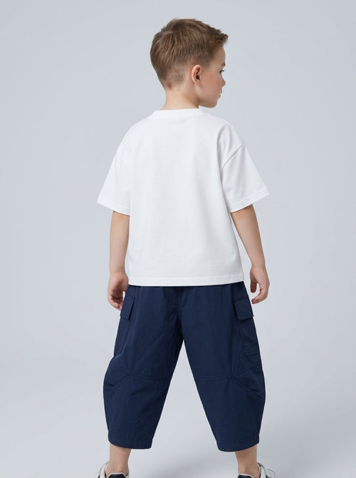 Boys White Letter Print Pocket Tee & Navy Cargo Capri Pants Set