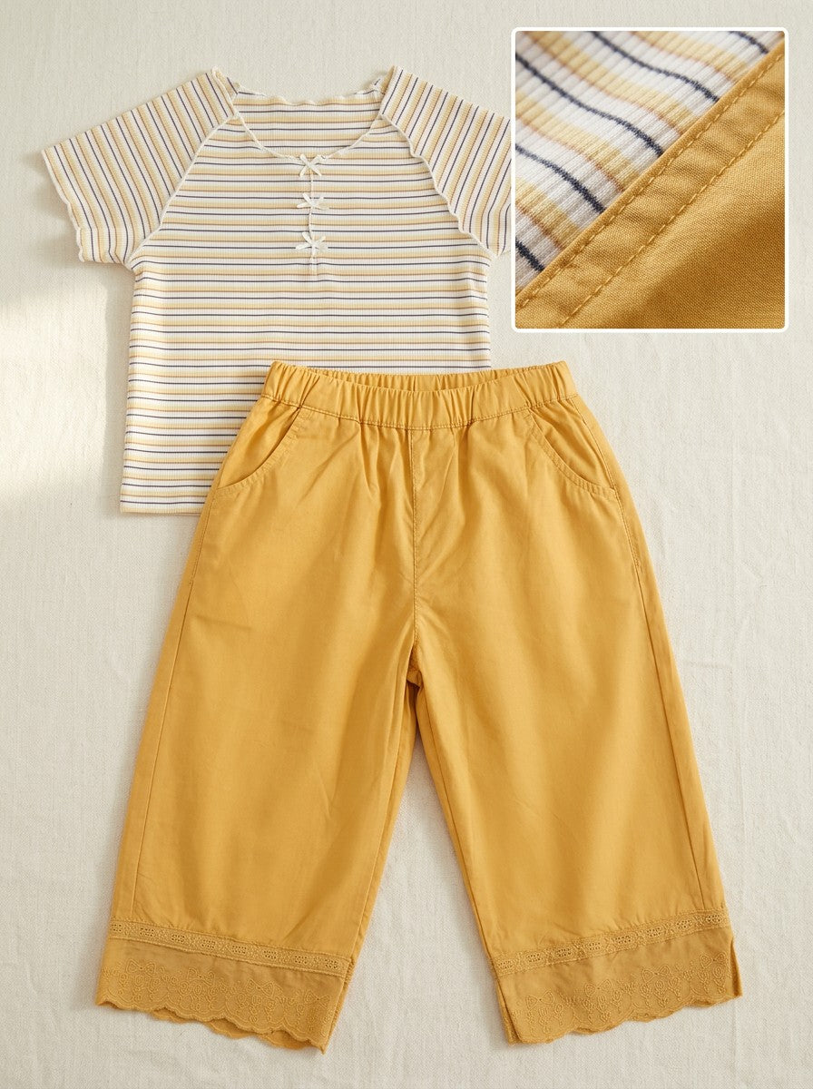 Girls Striped Top & Yellow Lace Wide-Leg Pants Set